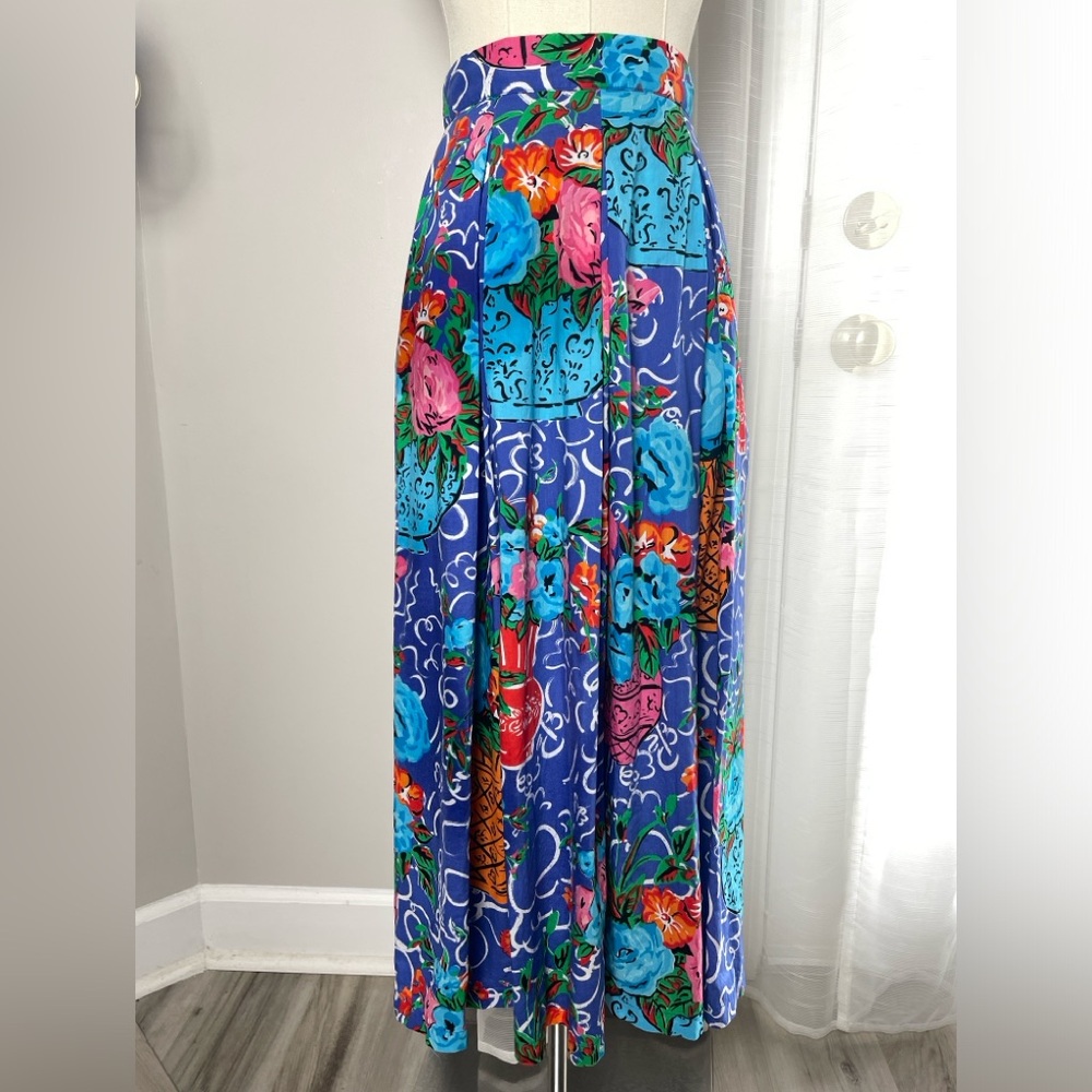 Vintage KENZO Paris High Waisted Cotton Midi Skirt Multi Color Printed Sz 38 XS